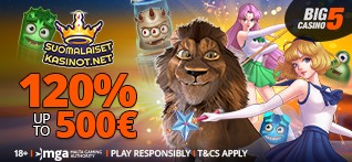 120% bonus 500 euroon + 500 ilmaiskierrosta vain suomalaiset kasinot net kautta rekisteröityneille